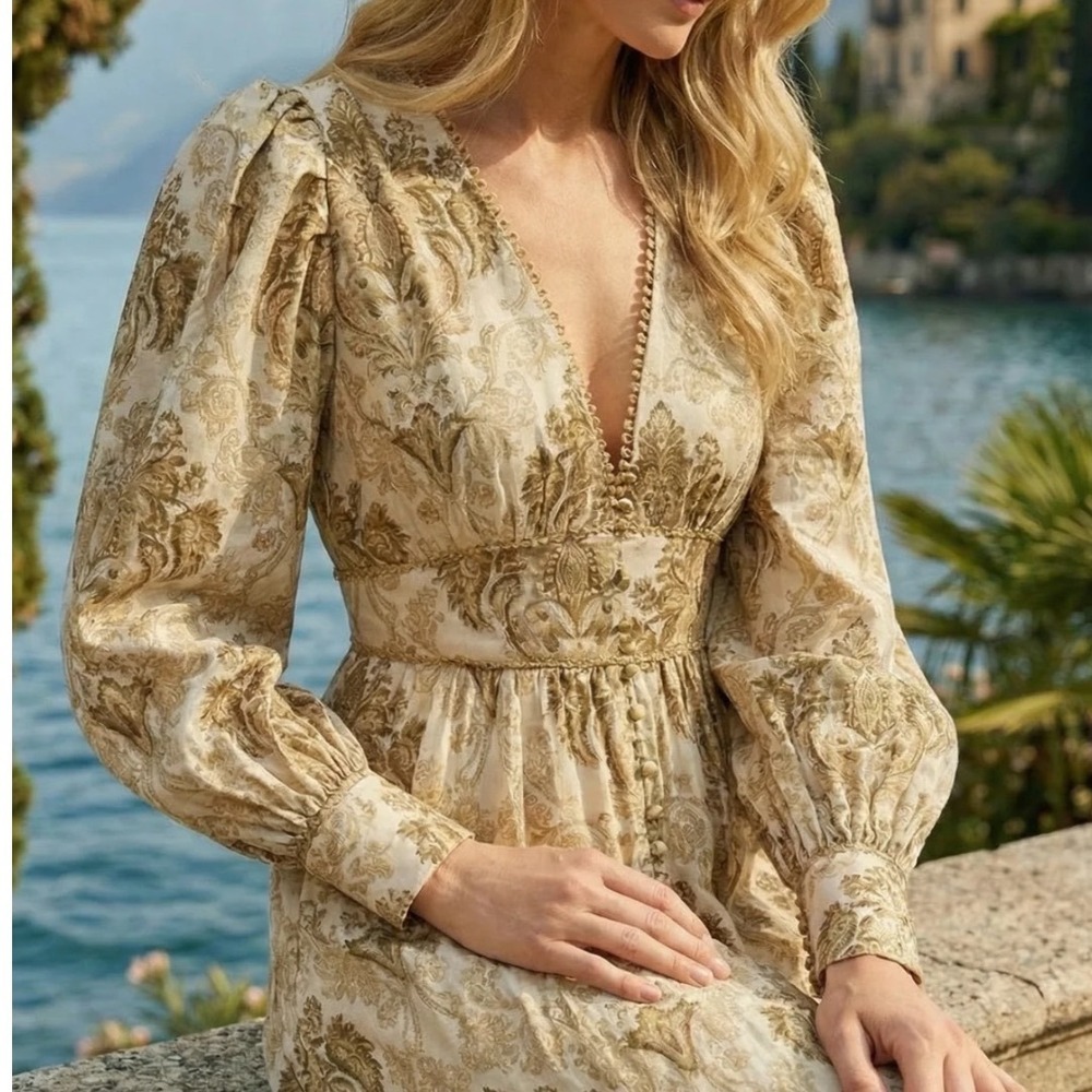 Trish Scully islanDamask Cotton Linen Midi Dress Cream V-Neck Puff Sleeve Boho s - Picture 2 of 15